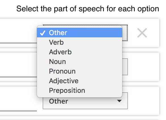 Movable words sandbox, option word type selector
