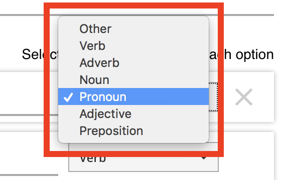 Movable words sentence, option word type selector